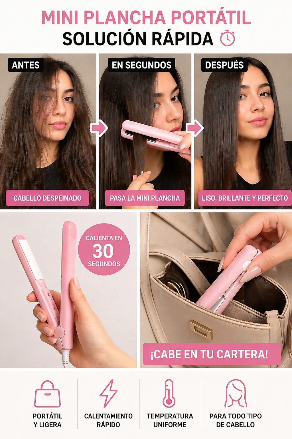 Mini Plancha para Cabello Portátil Compacta y Rápida