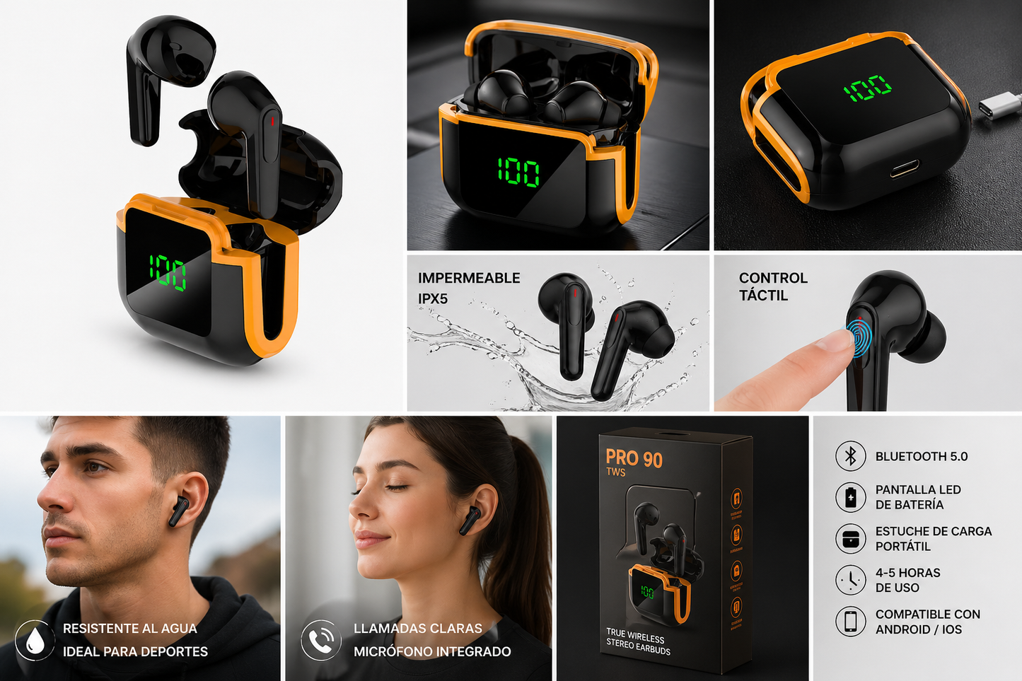 AUDÍFONOS INALÁMBRICOS IMPERMEABLES PRO 90 TWS CON CONTROL