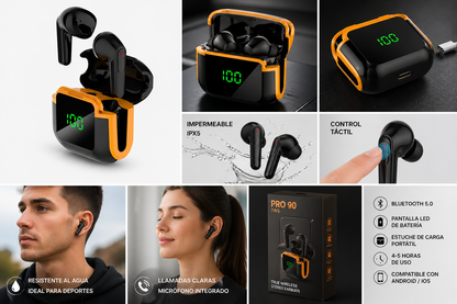 AUDÍFONOS INALÁMBRICOS IMPERMEABLES PRO 90 TWS CON CONTROL